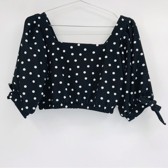 ASOS Puff Sleeve Square Neck Polka Dot Crop Blouse Black White Size 6 - Picture 1 of 8